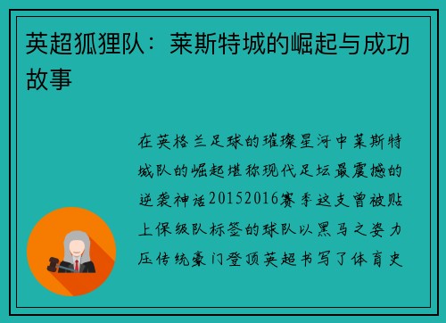 英超狐狸队：莱斯特城的崛起与成功故事